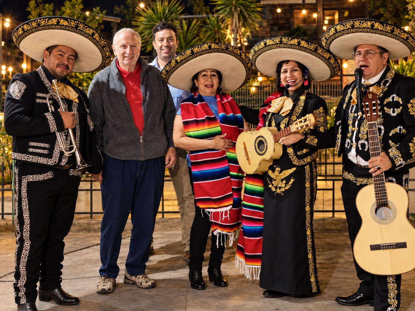 Mariachis Kadistu junto a clientes en una celebración